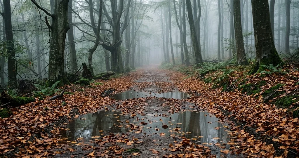 fotografia naturalistica realistica di una salamandra pezzata adulta su un tappeto di foglie di faggio bagnate dalla pioggia, con muschio, piccole gocce d'acqua e luce morbida del sottobosco. Corpo nero lucido e macchie gialle ben definite, anatomia realistica.]