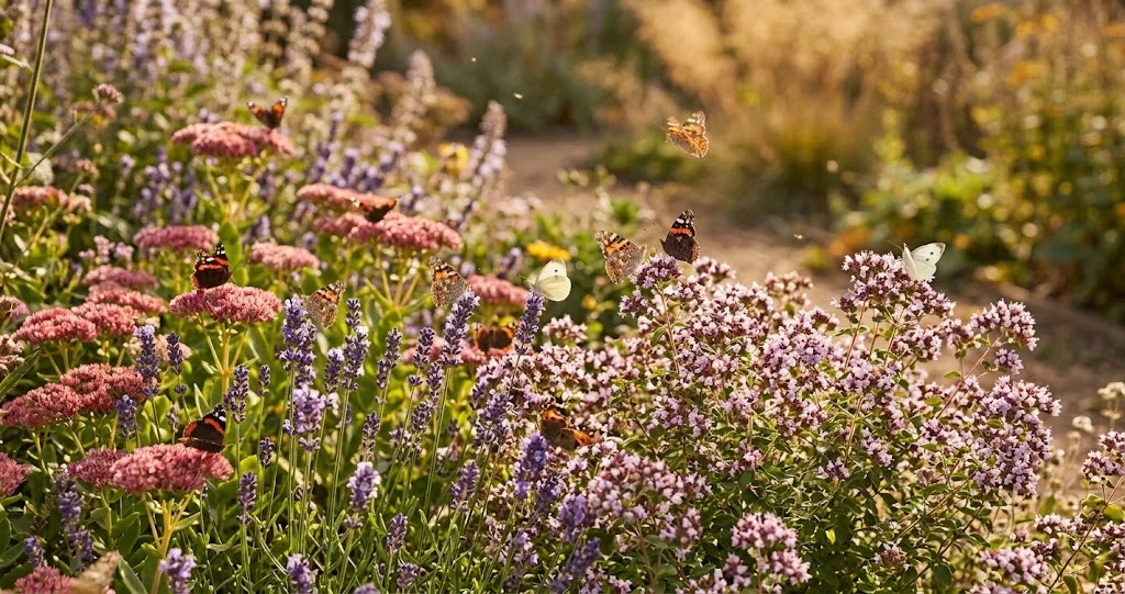 Giardino naturalistico italiano soleggiato con lavanda, scabiosa, origano, centaurea e valeriana rossa in grandi gruppi fioriti, diverse farfalle che si alimentano senza composizione artificiale]