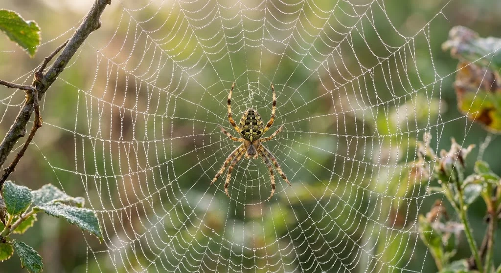 Grande tela orbicolare coperta di minuscole gocce di rugiada tra due piante del giardino in una mattina autunnale, luce naturale radente]