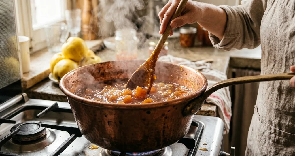 fotografia gastronomica realistica di due vasetti di confettura di mele cotogne dal colore rosso ambrato, uno aperto con un cucchiaino, accanto a mele cotogne gialle, fette di pane tostato e una tovaglia di lino naturale.]